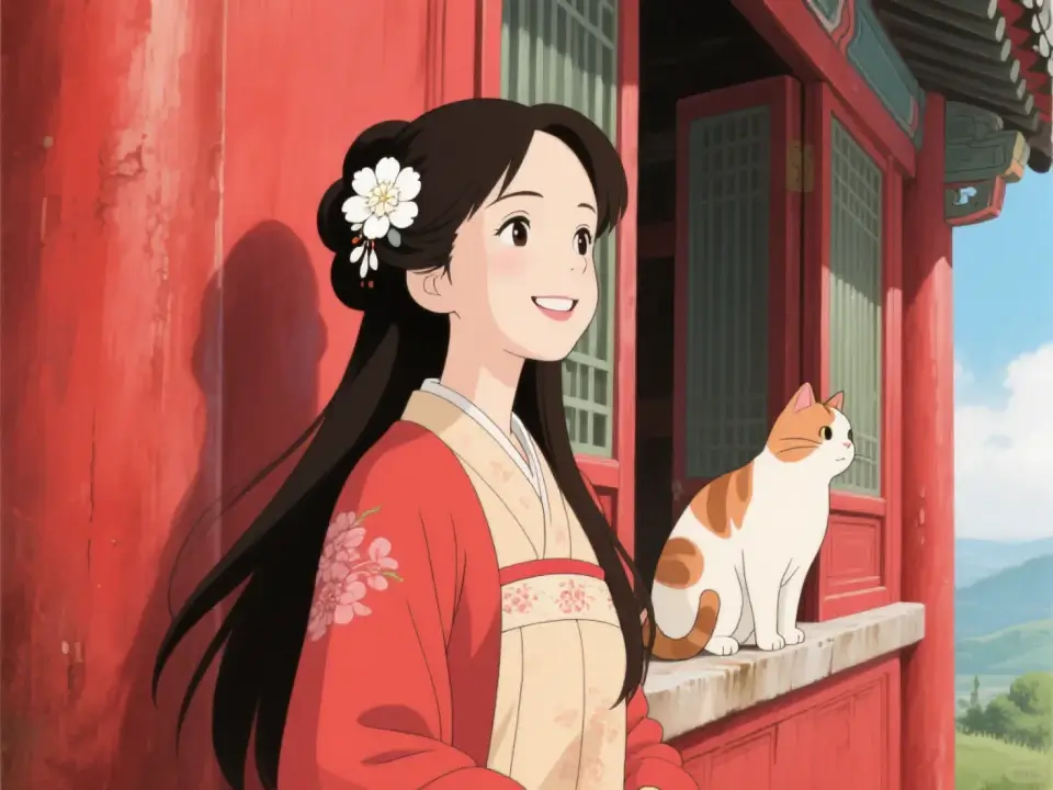 Aifaceu Palace Hanfu, anime-style AI portrait of a girl and calico cat by red walls.