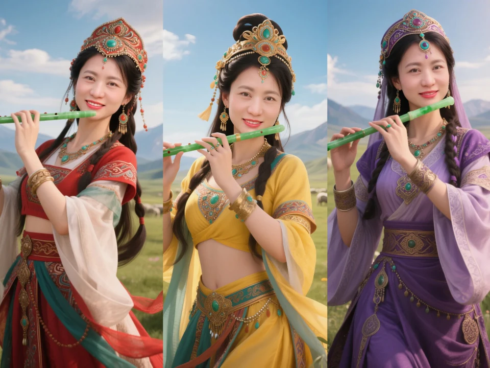 Aifaceu exotic portrait trio showing red, yellow, and purple gowns with jade flute.