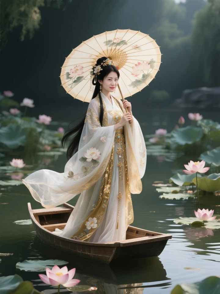 头顶荷叶遮雨的灵动古典瞬间