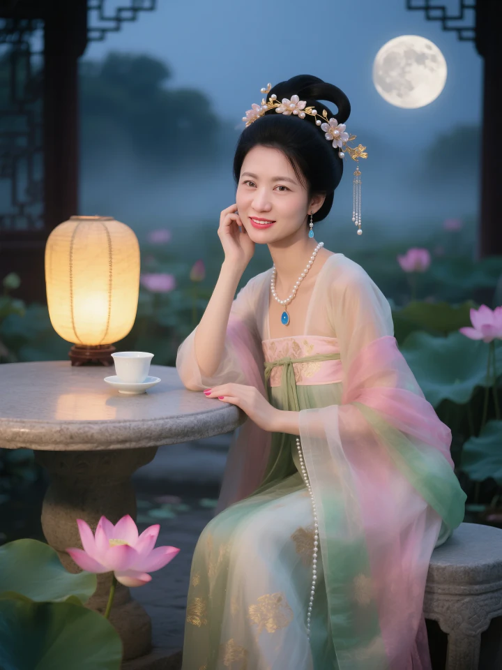 Aifaceu AI古风写真：女子月下怀抱琵琶，神态自然。