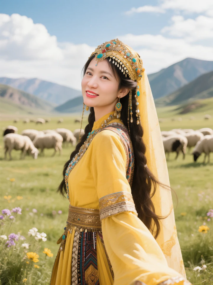 Aifaceu full-body prairie portrait in golden robes with sheep and mountains.