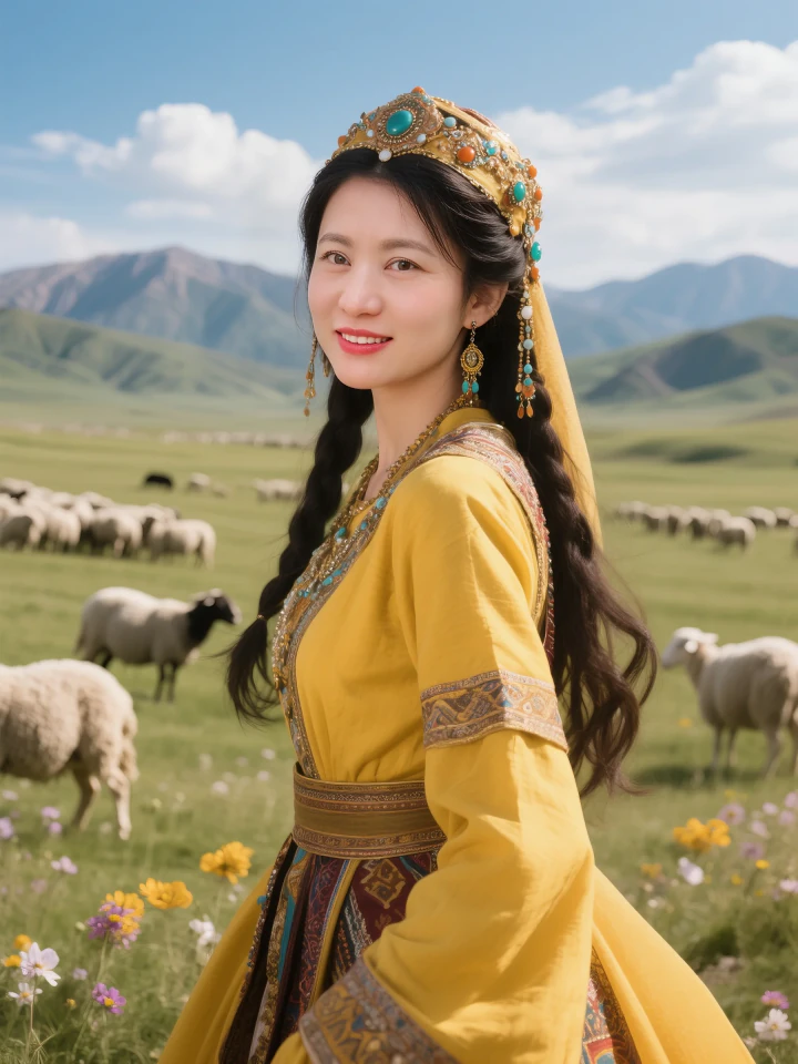 Aifaceu sunset prairie goddess portrait featuring golden robes and distant flocks.