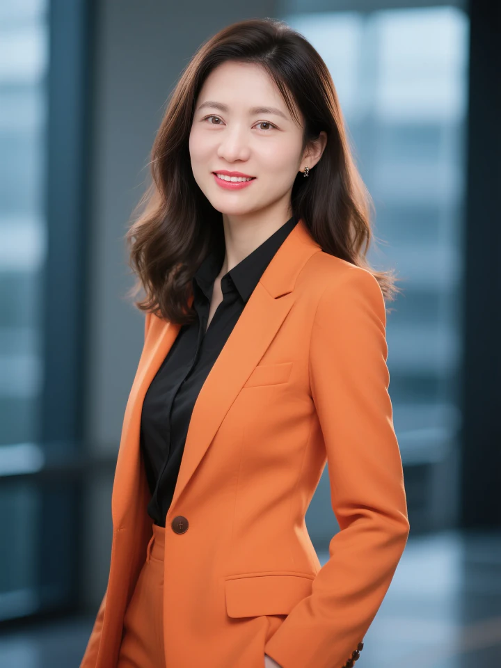 Aifaceu 影楼级 AI 写真，坐姿优雅，橙色西装展现职场多巴胺美学。